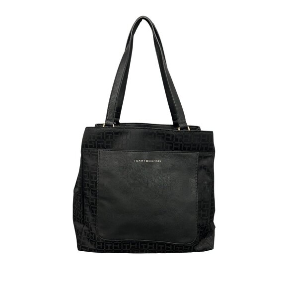 Tommy Hilfiger NWT Black Logo Tote Bag Multiple Compartments Leather Handles - Picture 1 of 11